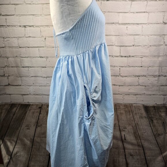 WOMENS ZARA HALTER DRESS BABY BLUE KNIT TOP PUFFED SKIRT SIDE POCKETS SIZE SMALL - Picture 2 of 9